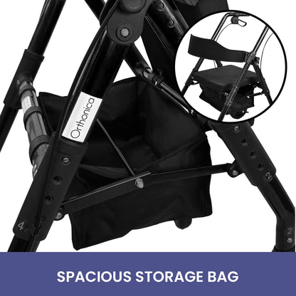 Black Orthonica foldable steel rollator with 136kg weight capacity, designed for mobility and accessibility support.