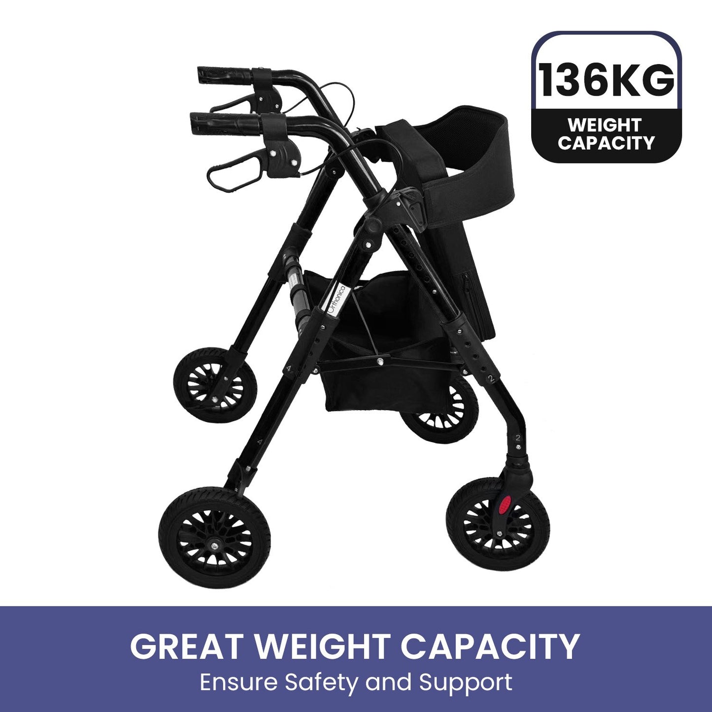 Black Orthonica foldable steel rollator by Hlpmedical with 136kg capacity, featuring ergonomic handles and sturdy frame for mobility support.