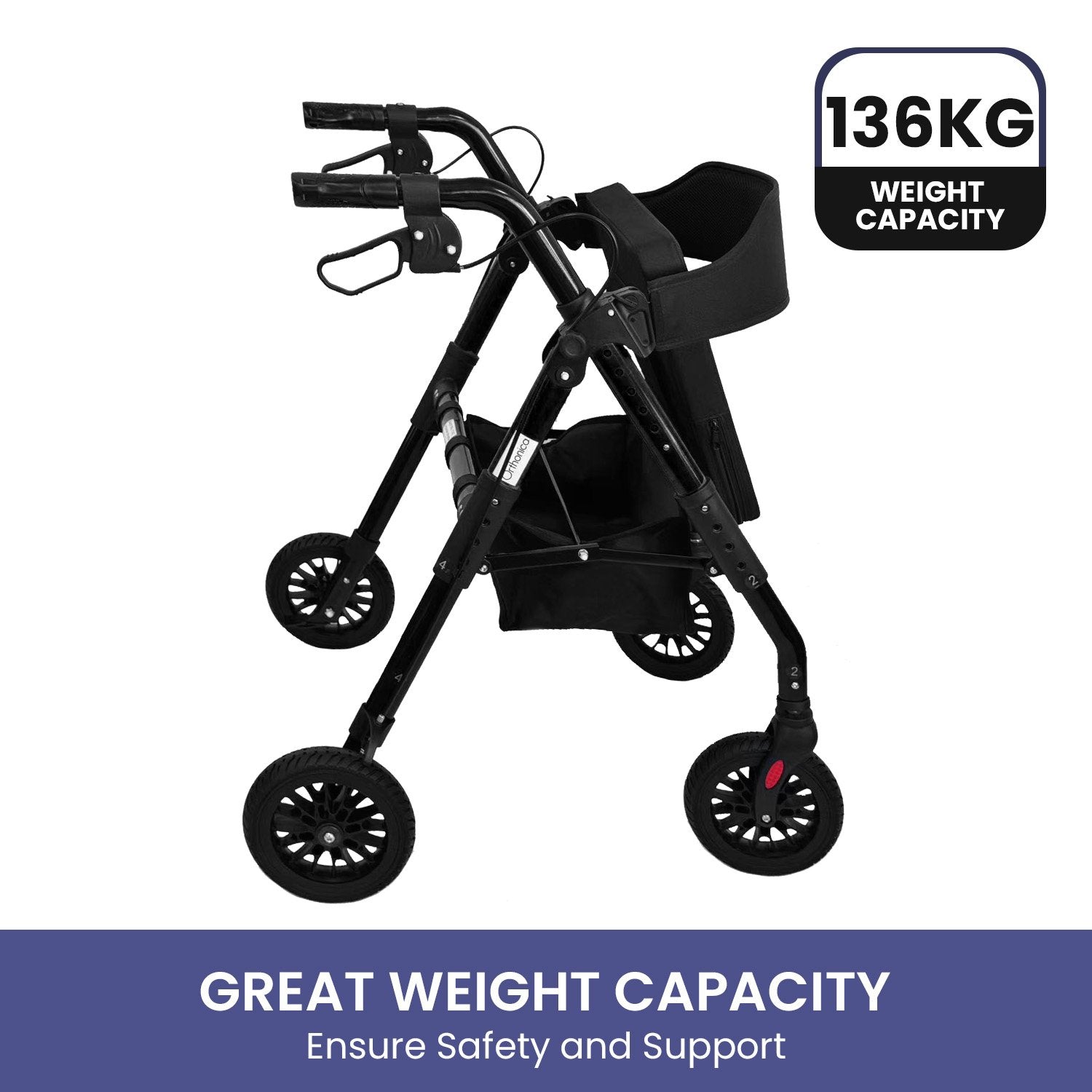 Black Orthonica foldable steel rollator by Hlpmedical with 136kg capacity, featuring ergonomic handles and sturdy frame for mobility support.