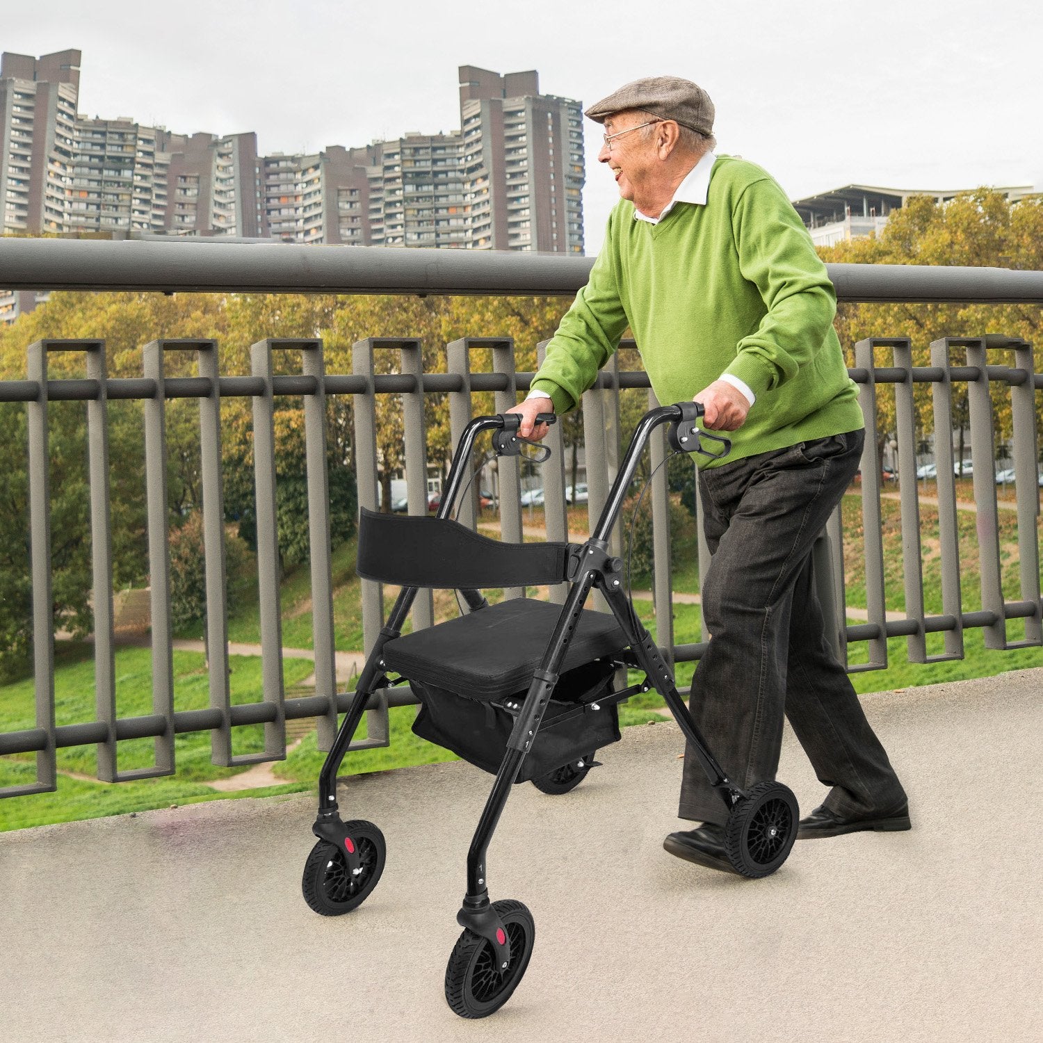 Foldable steel rollator by Hlpmedical with black frame, designed for easy mobility and support, supports up to 136kg weight capacity.