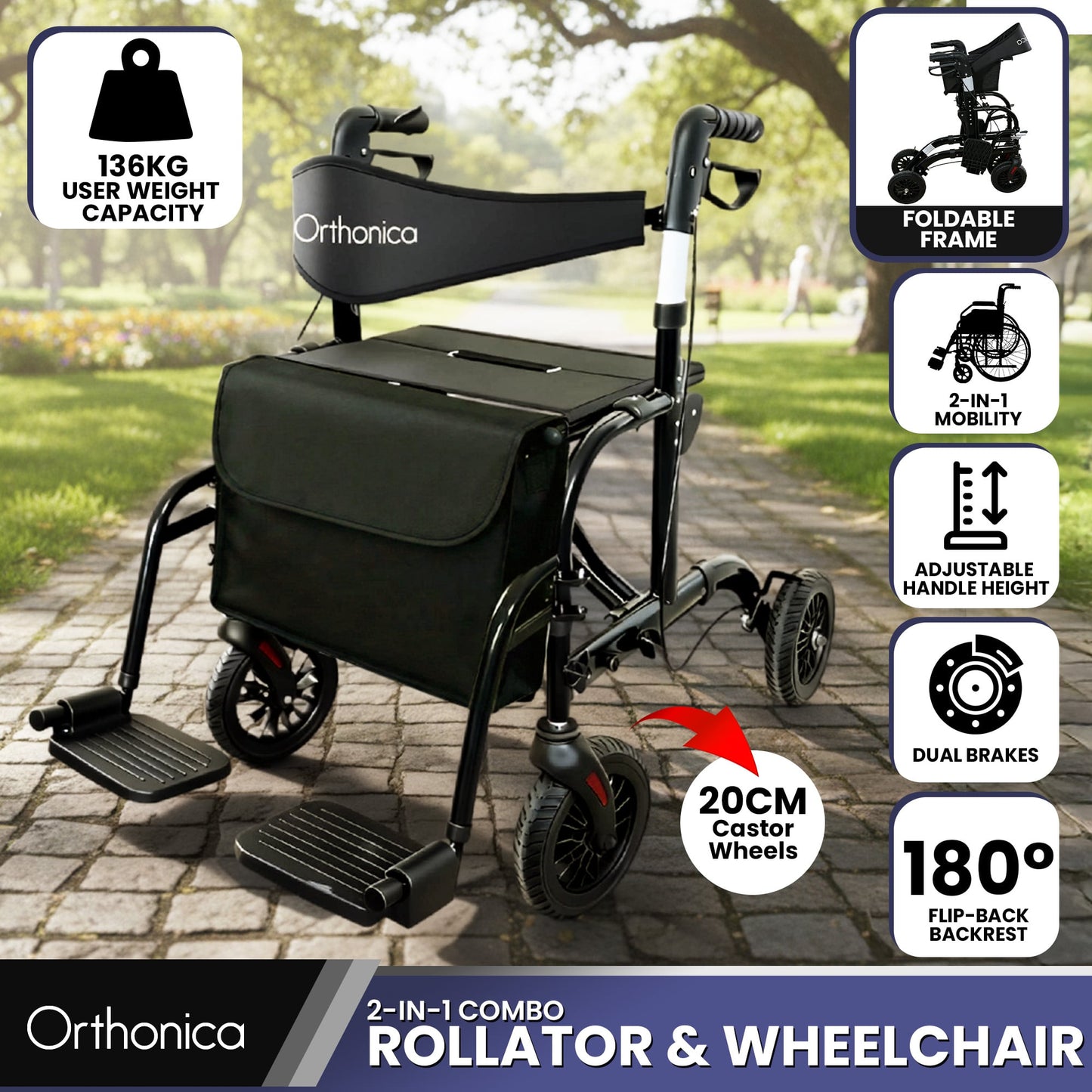 Orthonica aluminium 2-in-1 rollator wheelchair with foldable frame in black and silver, designed for mobility and accessibility.