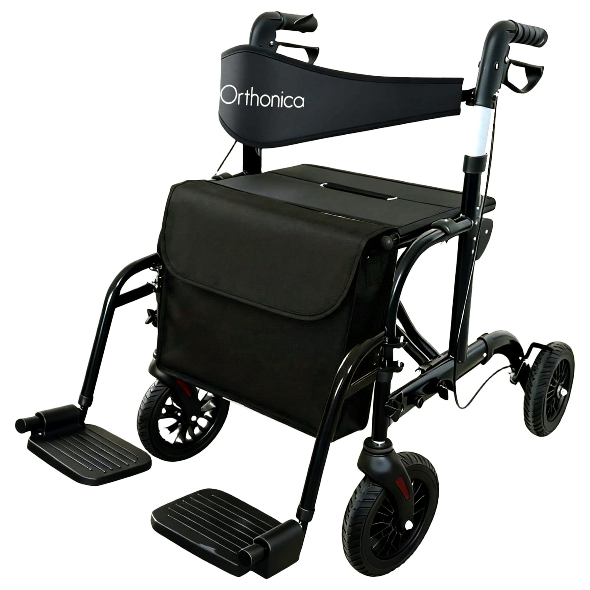 Orthonica 2-in-1 rollator wheelchair with foldable frame, black and silver, designed for mobility and accessibility.