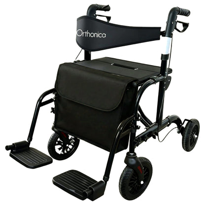 Orthonica 2-in-1 rollator wheelchair with foldable frame, black and silver, designed for mobility and accessibility.