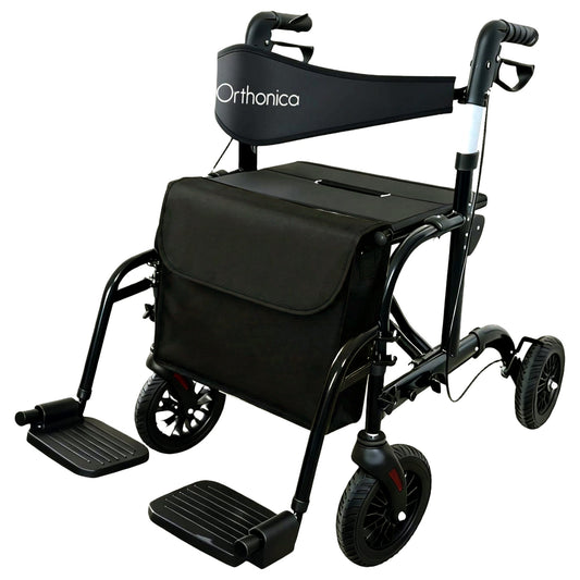 Orthonica 2-in-1 rollator wheelchair with foldable frame, black and silver, designed for mobility and accessibility.