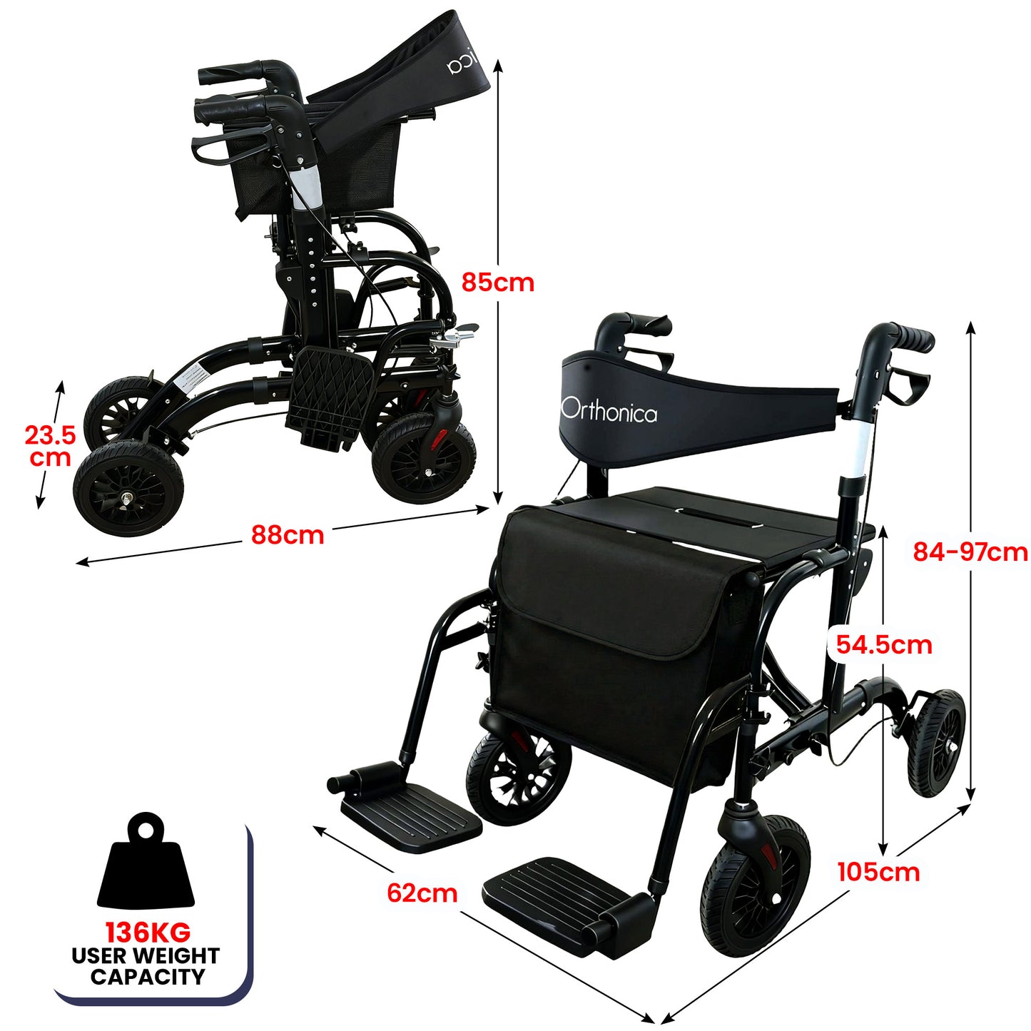 Black and silver Orthonica 2-in-1 rollator wheelchair with foldable frame, featuring aluminum construction for mobility and accessibility.