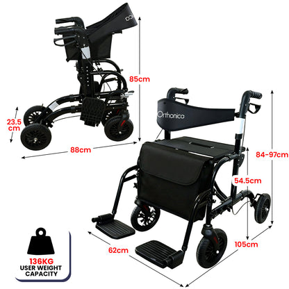 Black and silver Orthonica 2-in-1 rollator wheelchair with foldable frame, featuring aluminum construction for mobility and accessibility.