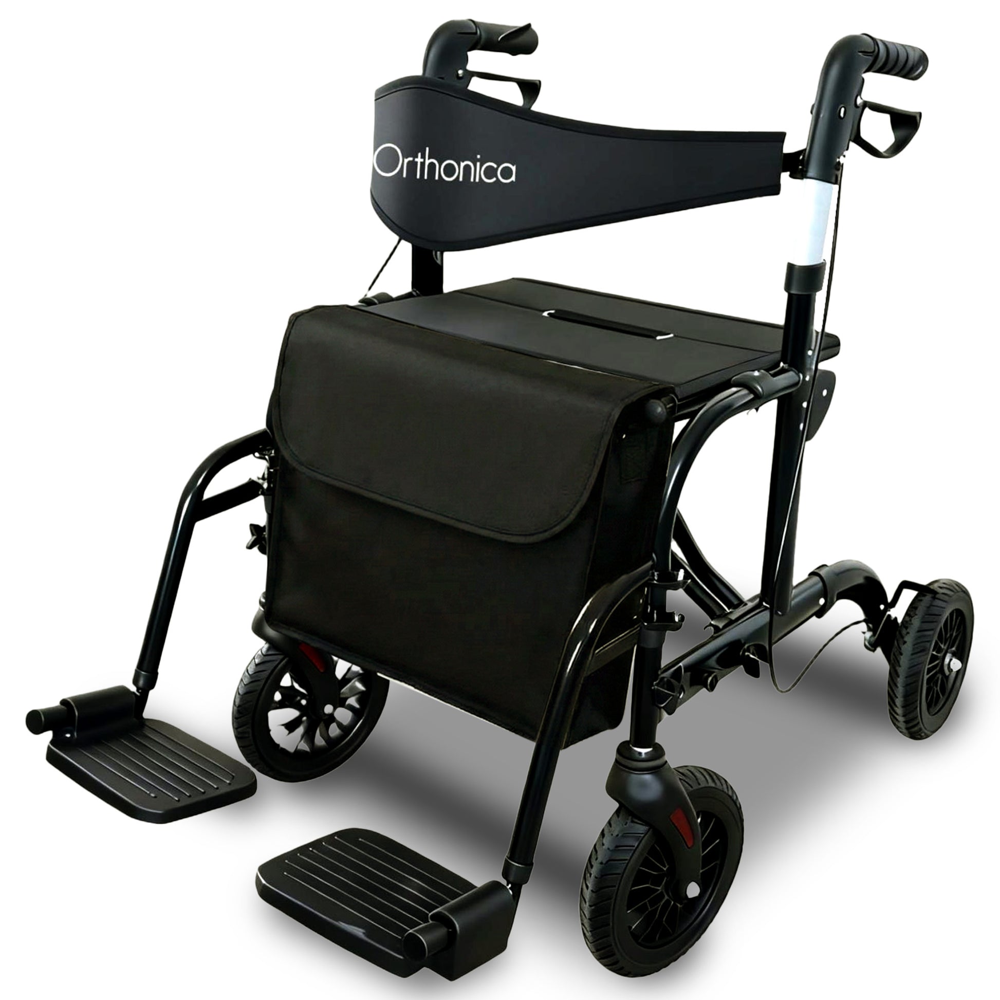 Black and silver Orthonica 2-in-1 rollator wheelchair by Hlpmedical with foldable frame, suitable for mobility and accessibility.