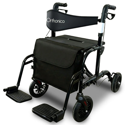 Black and silver Orthonica 2-in-1 rollator wheelchair by Hlpmedical with foldable frame, suitable for mobility and accessibility.
