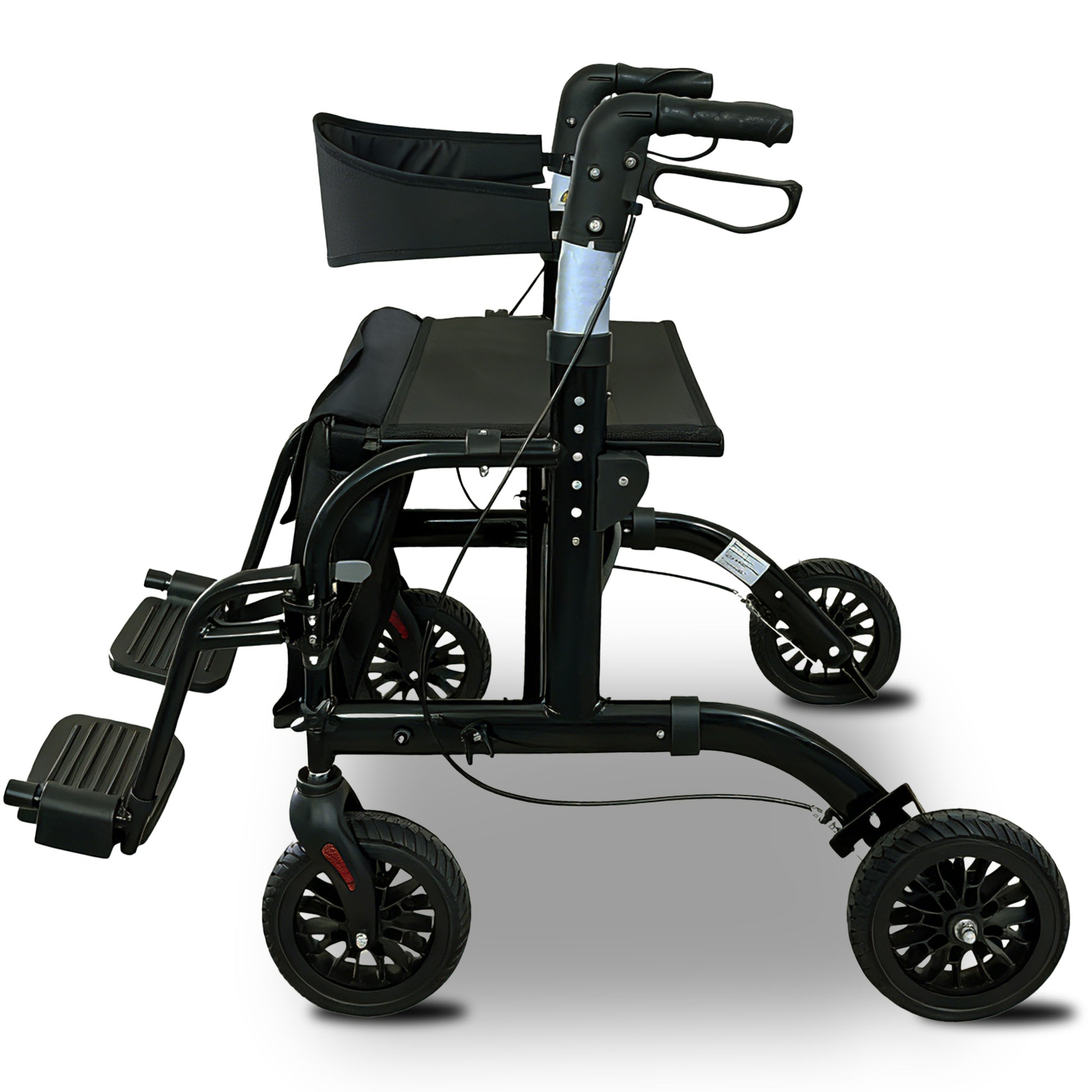 Orthonica aluminium 2-in-1 rollator wheelchair with foldable frame in black and silver, designed for mobility and accessibility.
