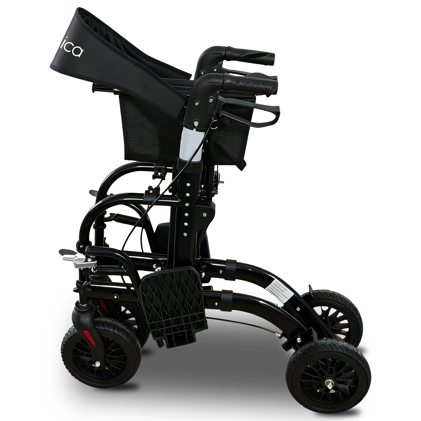 Black and silver Orthonica 2-in-1 rollator wheelchair with foldable frame, designed for mobility and accessibility by Hlpmedical.