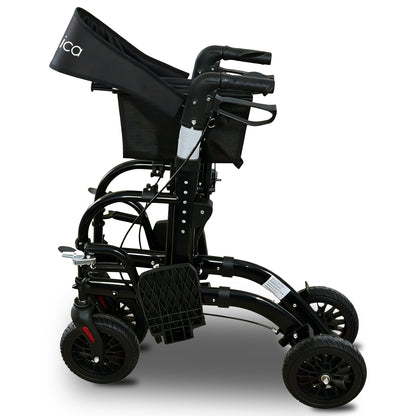 Black and silver Orthonica 2-in-1 rollator wheelchair with foldable frame, designed for mobility and accessibility by Hlpmedical.