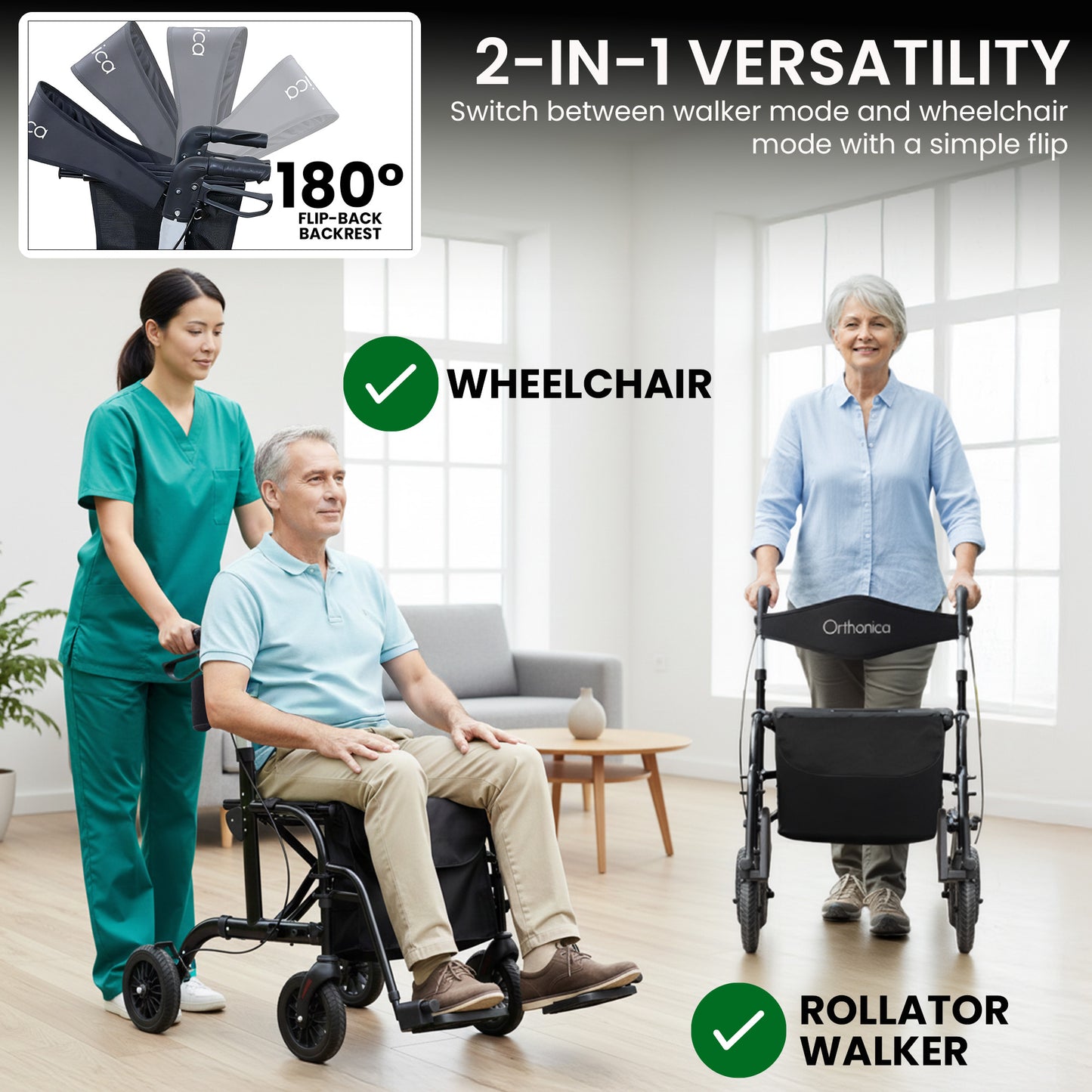 Black and silver Orthonica 2-in-1 rollator wheelchair with foldable frame, by Hlpmedical, designed for mobility and accessibility.