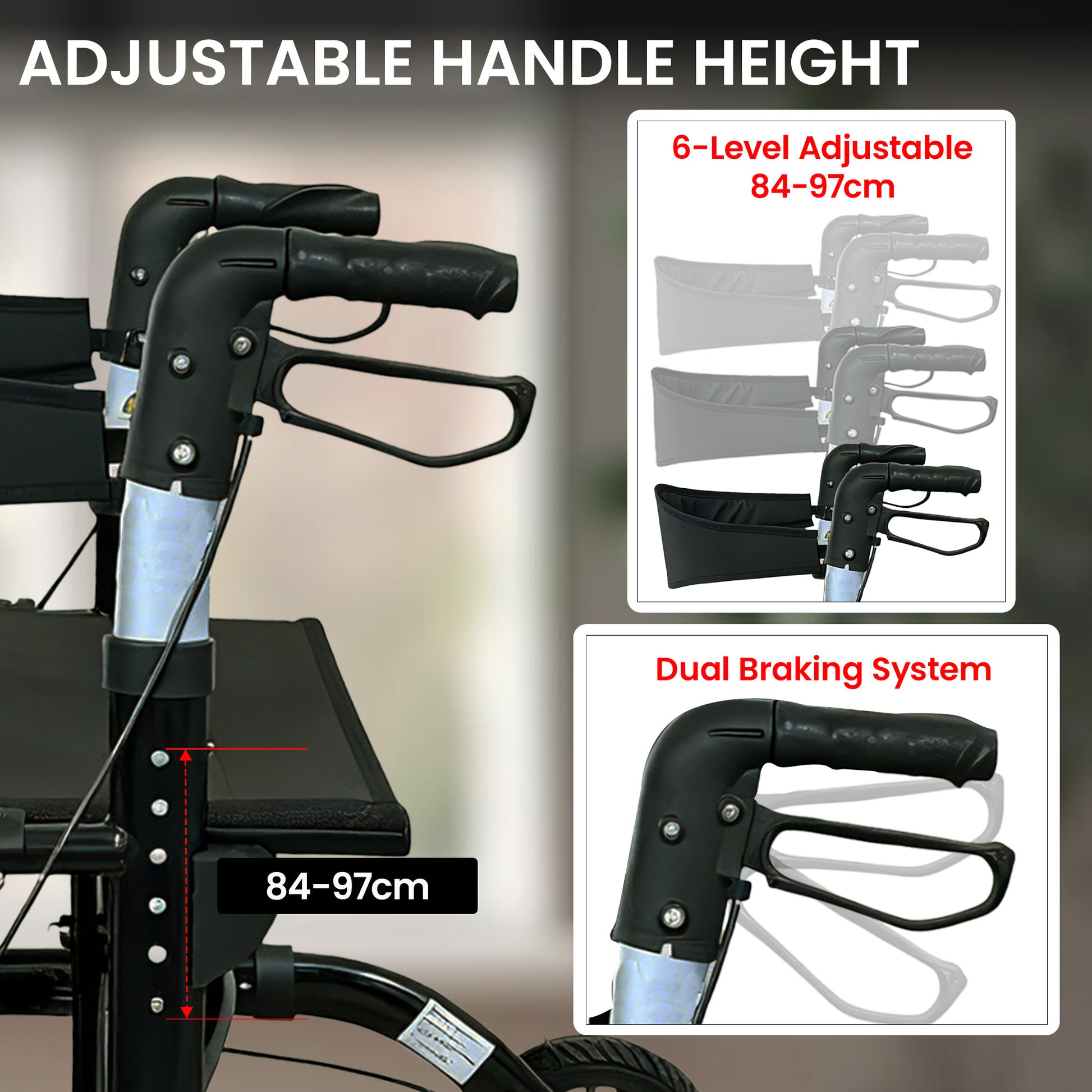Orthonica aluminium 2-in-1 rollator wheelchair with foldable frame, black and silver, designed for mobility and accessibility.