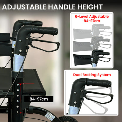 Orthonica aluminium 2-in-1 rollator wheelchair with foldable frame, black and silver, designed for mobility and accessibility.