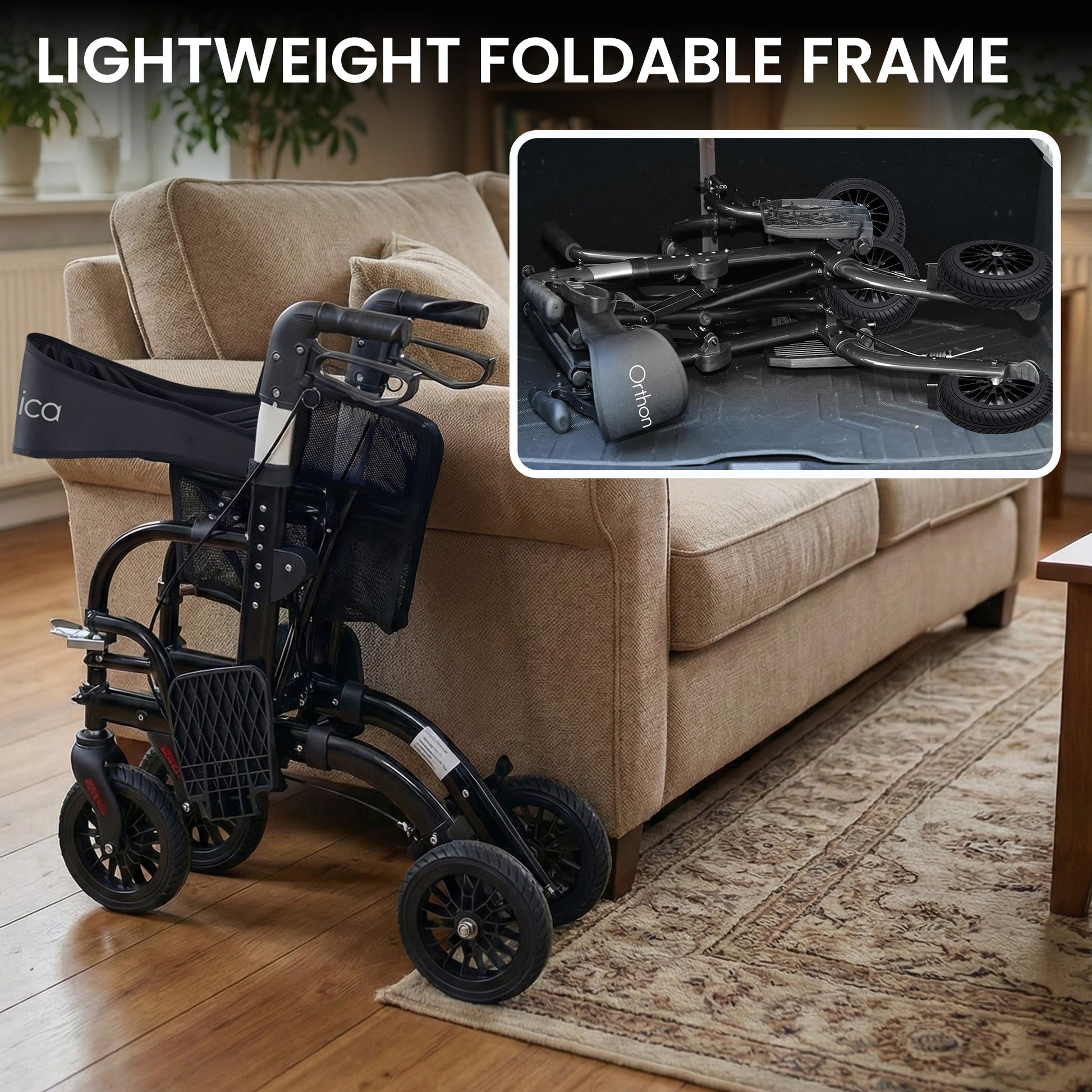 Black and silver Orthonica 2-in-1 rollator wheelchair with foldable aluminium frame by Hlpmedical, suitable for mobility and accessibility.