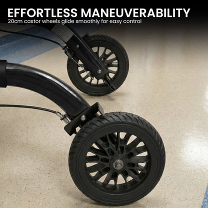 Hlpmedical Orthonica aluminium 2-in-1 rollator wheelchair with foldable frame in black and silver, showing the mobility device's features.