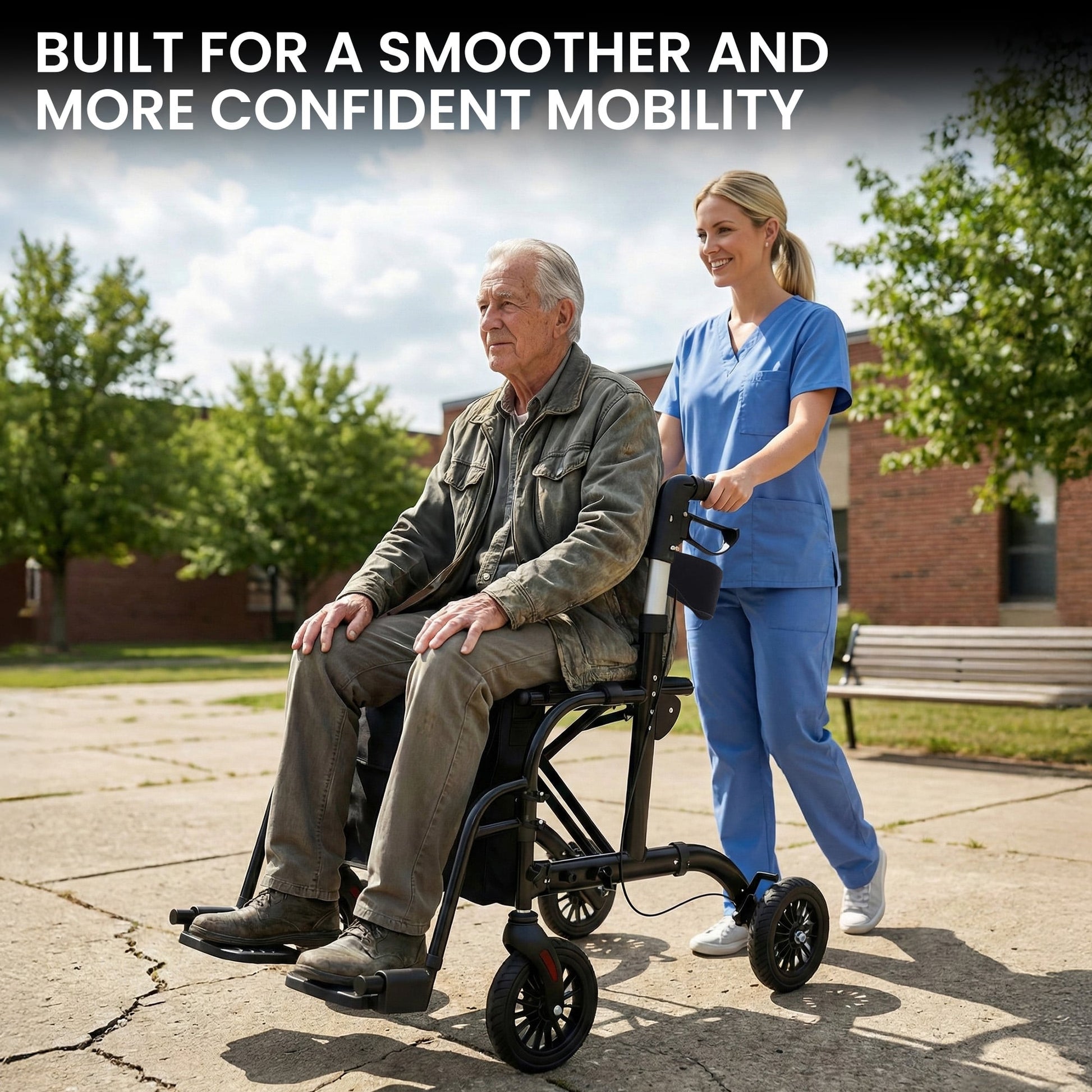 Hlpmedical Orthonica aluminium 2-in-1 rollator wheelchair with foldable frame, black and silver, for mobility and accessibility.