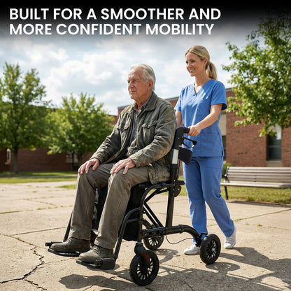 Hlpmedical Orthonica aluminium 2-in-1 rollator wheelchair with foldable frame, black and silver, for mobility and accessibility.