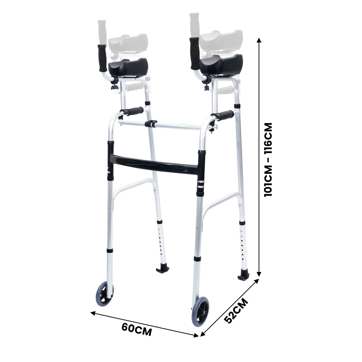 Hlpmedical Orthonica folding rollator walker with adjustable handles, aluminum frame, and cane storage box for mobility support.