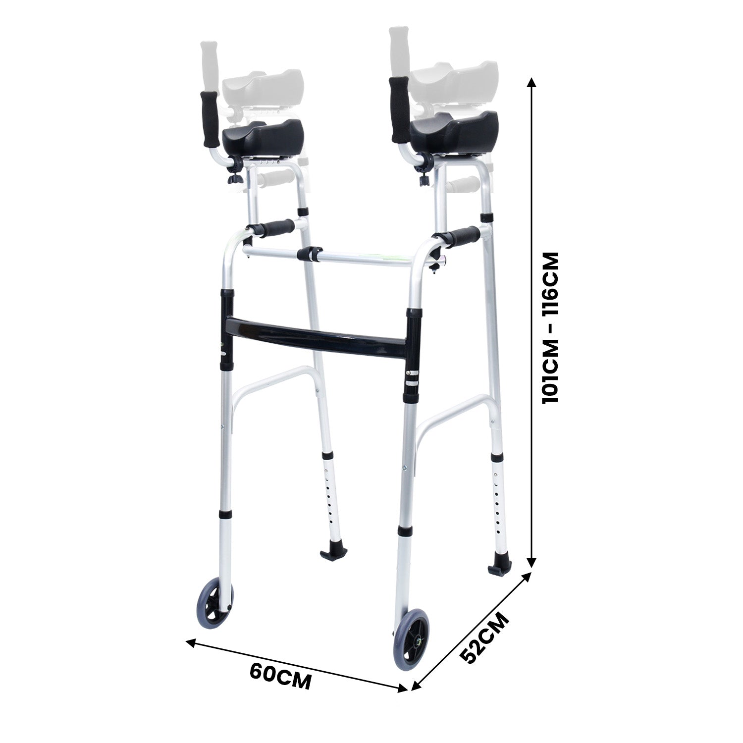 Hlpmedical Orthonica folding rollator walker with adjustable handles, aluminum frame, and cane storage box for mobility support.