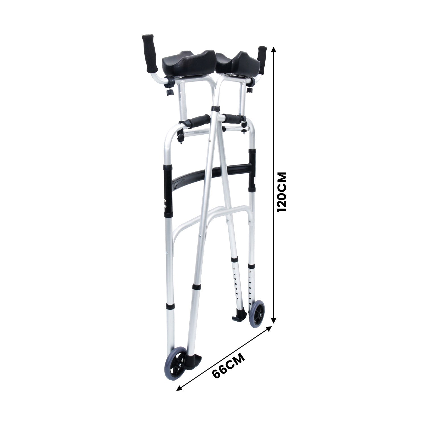 Hlpmedical Orthonica folding rollator walker with adjustable handles, aluminum frame, cane box, and safety wheels for mobility assistance.