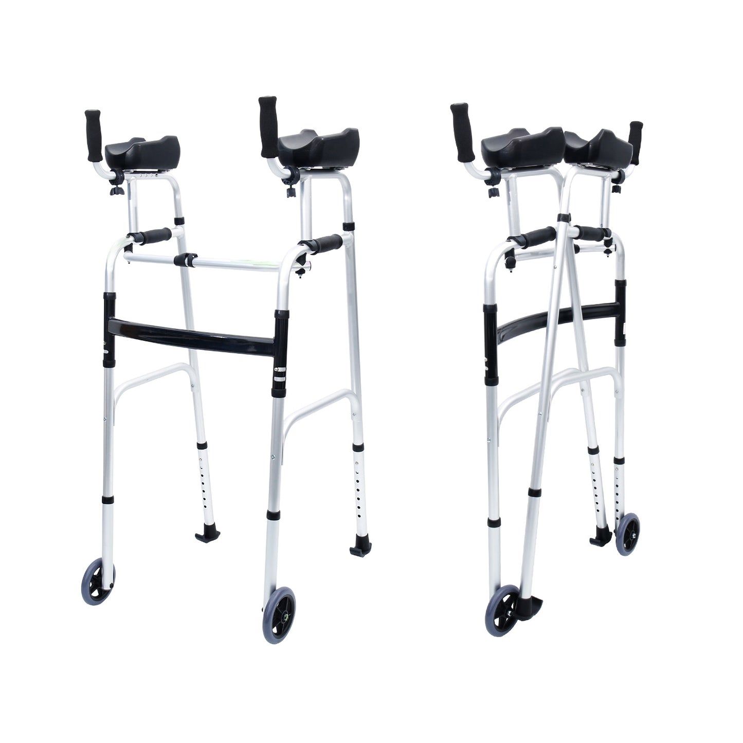 Hlpmedical Orthonica folding rollator walker with adjustable handles, aluminum frame, and cane box for mobility support.