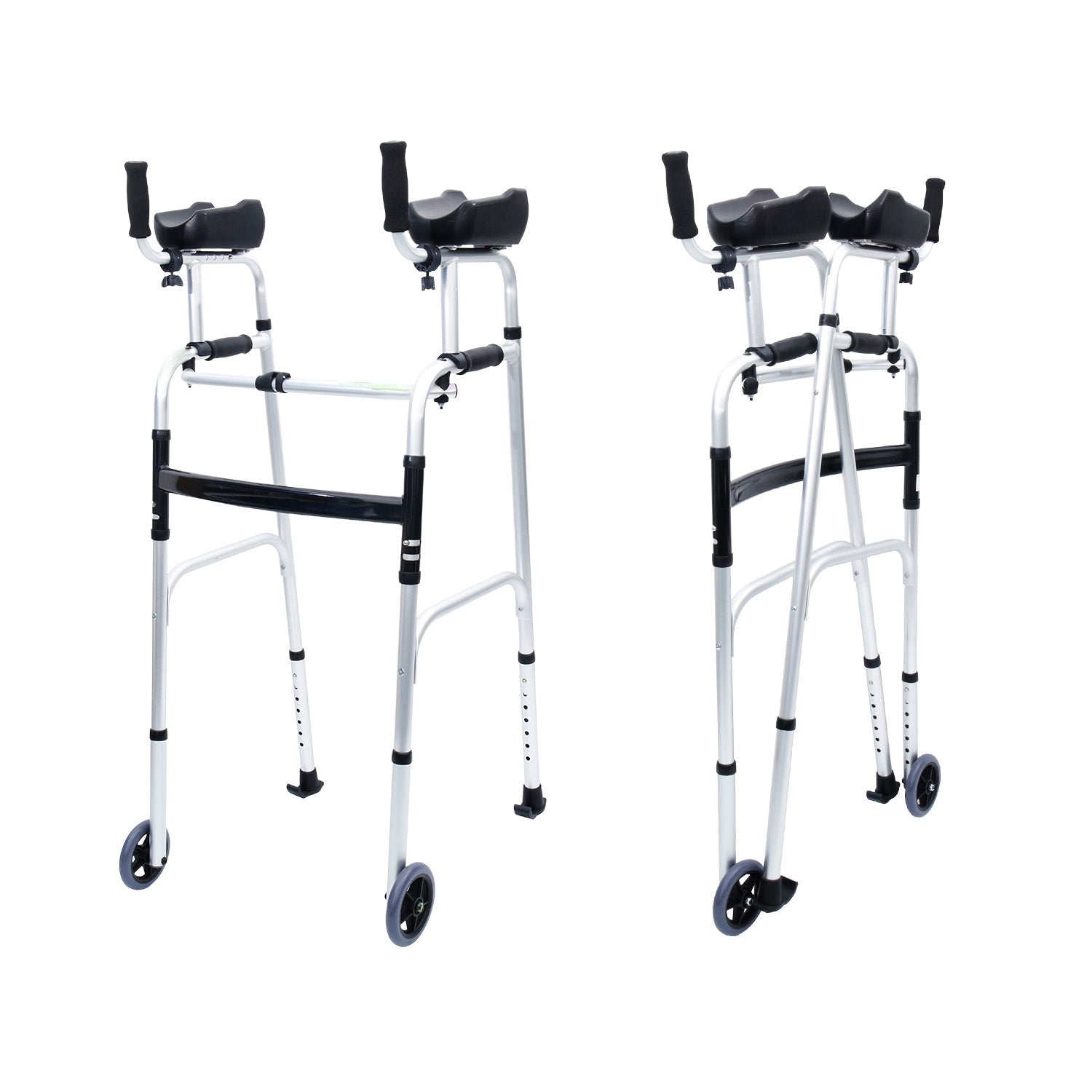 Hlpmedical Orthonica folding rollator walker with adjustable handles, aluminum frame, and cane box for mobility support.