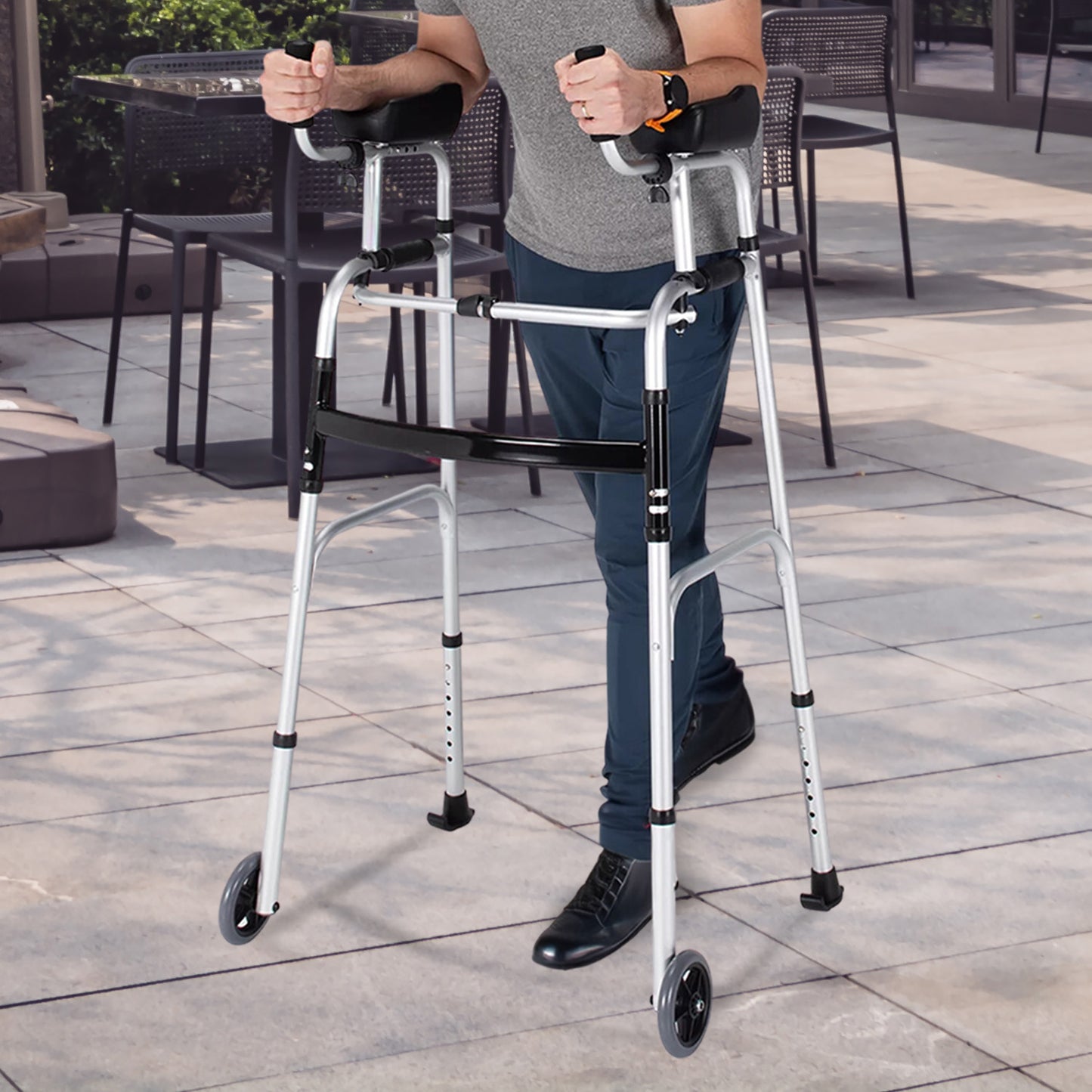 Hlpmedical Orthonica folding rollator walker with adjustable handles, aluminum frame, and cane box for mobility assistance.