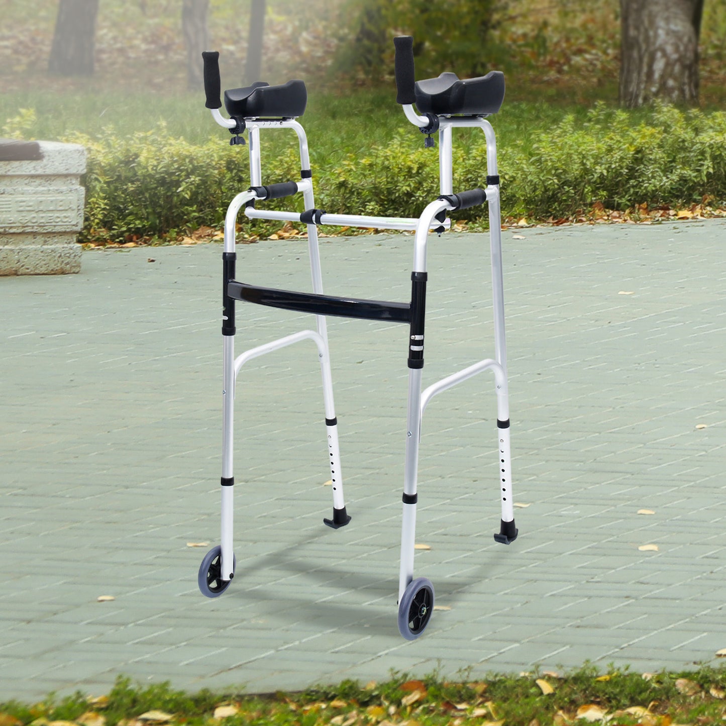 Hlpmedical Orthonica folding rollator walker with adjustable handles, aluminum frame, cane box, suitable for mobility and accessibility.