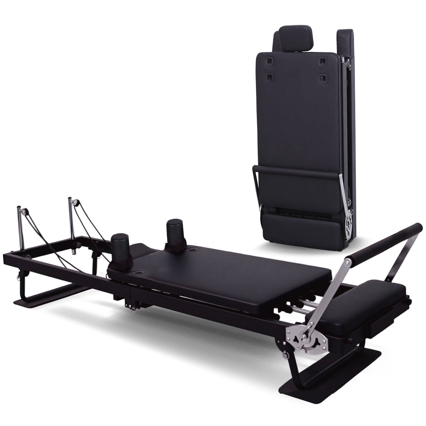 Hlpmedical Powertrain Aria Steel Foldable Pilates Board Reformer with footbar, sitting box, and jumpboard for full-body indoor fitness.