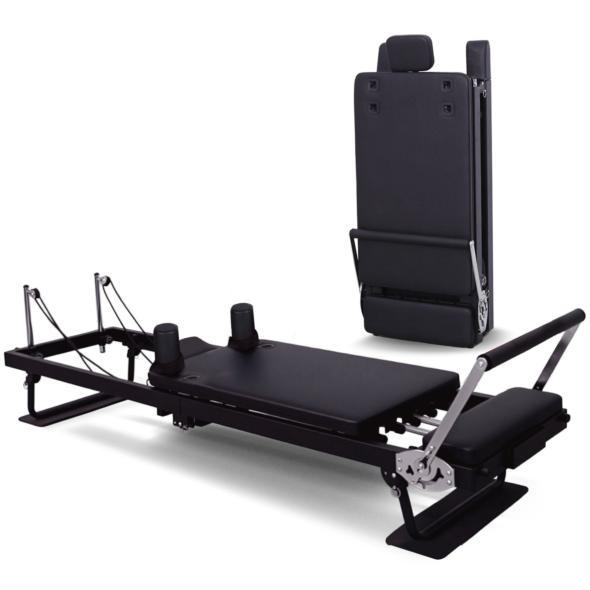Hlpmedical Powertrain Aria Steel Foldable Pilates Board Reformer with footbar, sitting box, and jumpboard for full-body indoor fitness.