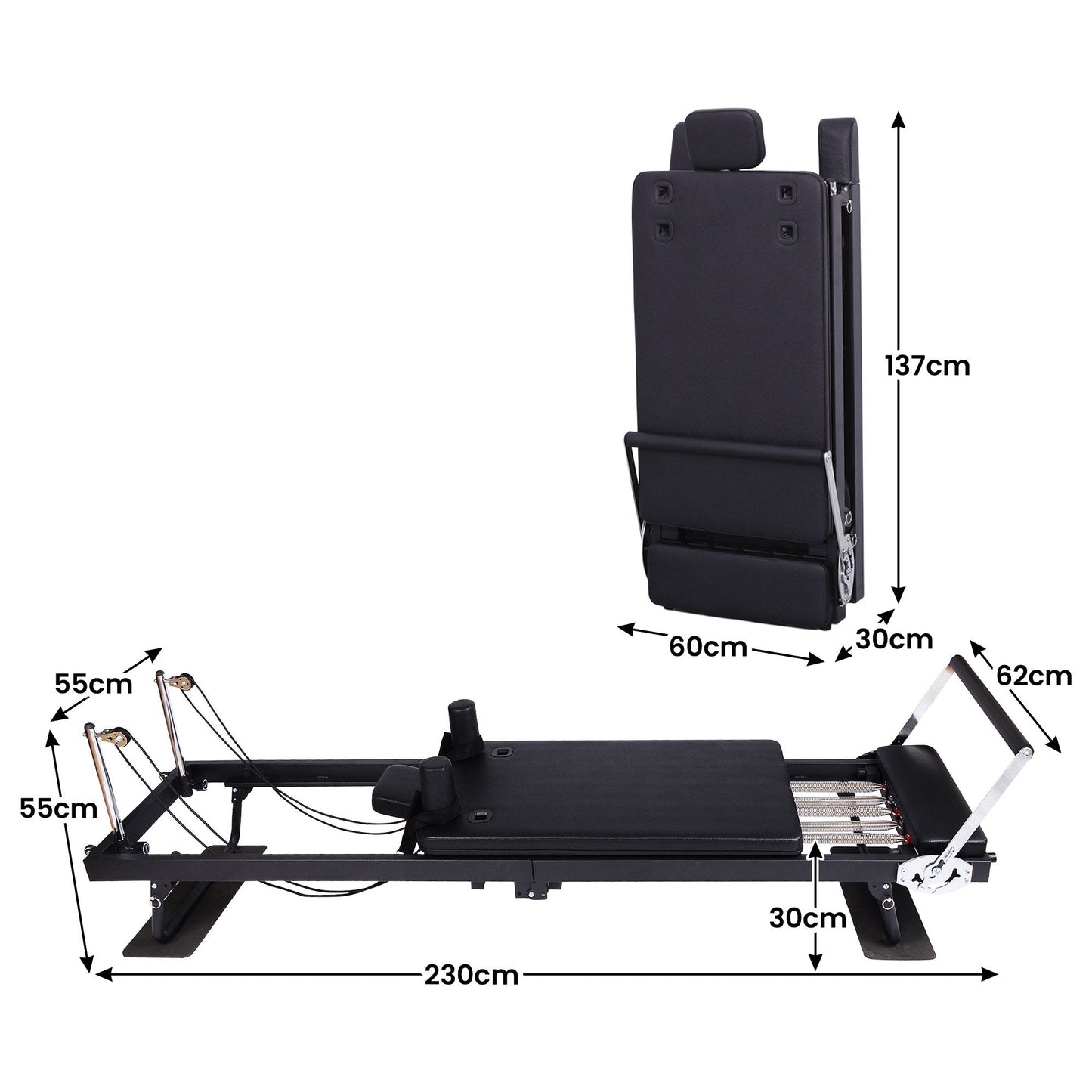 Hlpmedical Powertrain Aria Steel Foldable Pilates Board Reformer with footbar, sitting box, and jumpboard for full-body fitness indoors or outdoors.