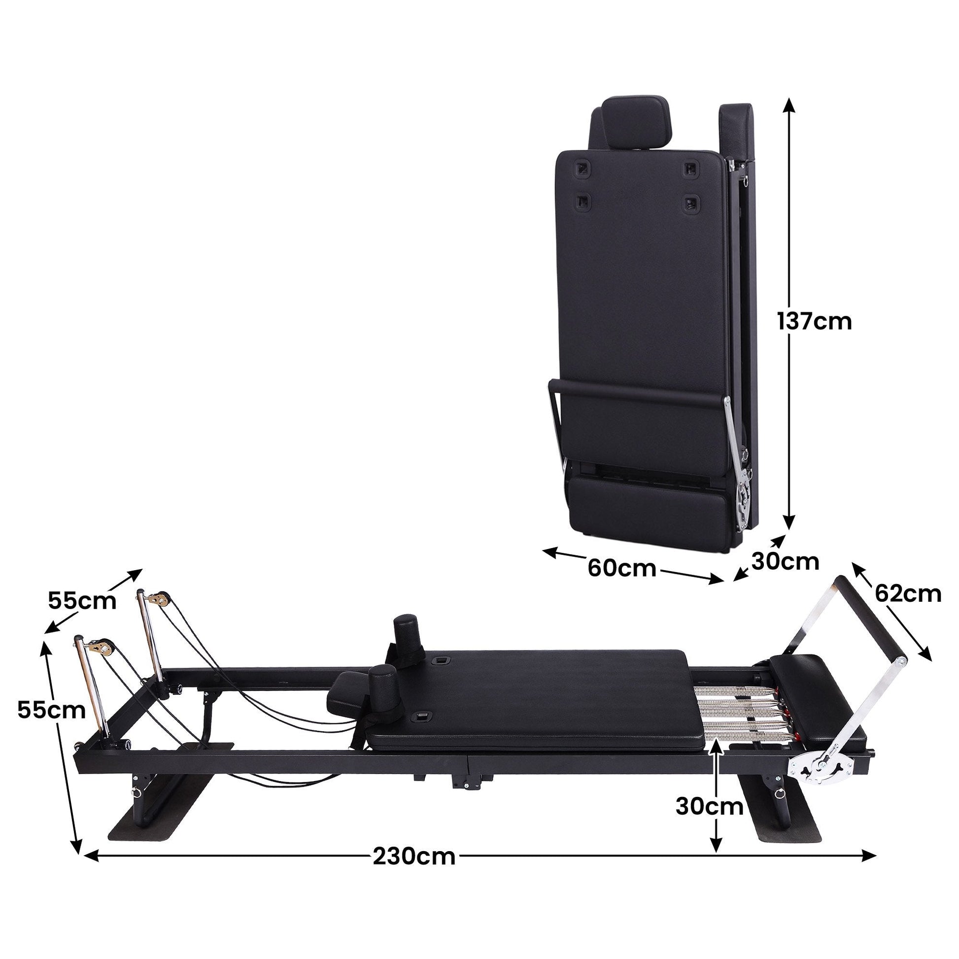 Hlpmedical Powertrain Aria Steel Foldable Pilates Board Reformer with footbar, sitting box, and jumpboard for full-body fitness indoors or outdoors.