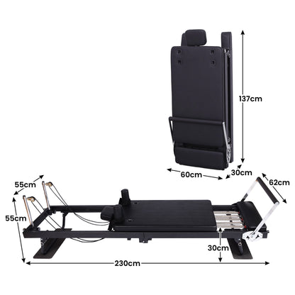 Hlpmedical Powertrain Aria Steel Foldable Pilates Board Reformer with footbar, sitting box, and jumpboard for full-body fitness indoors or outdoors.