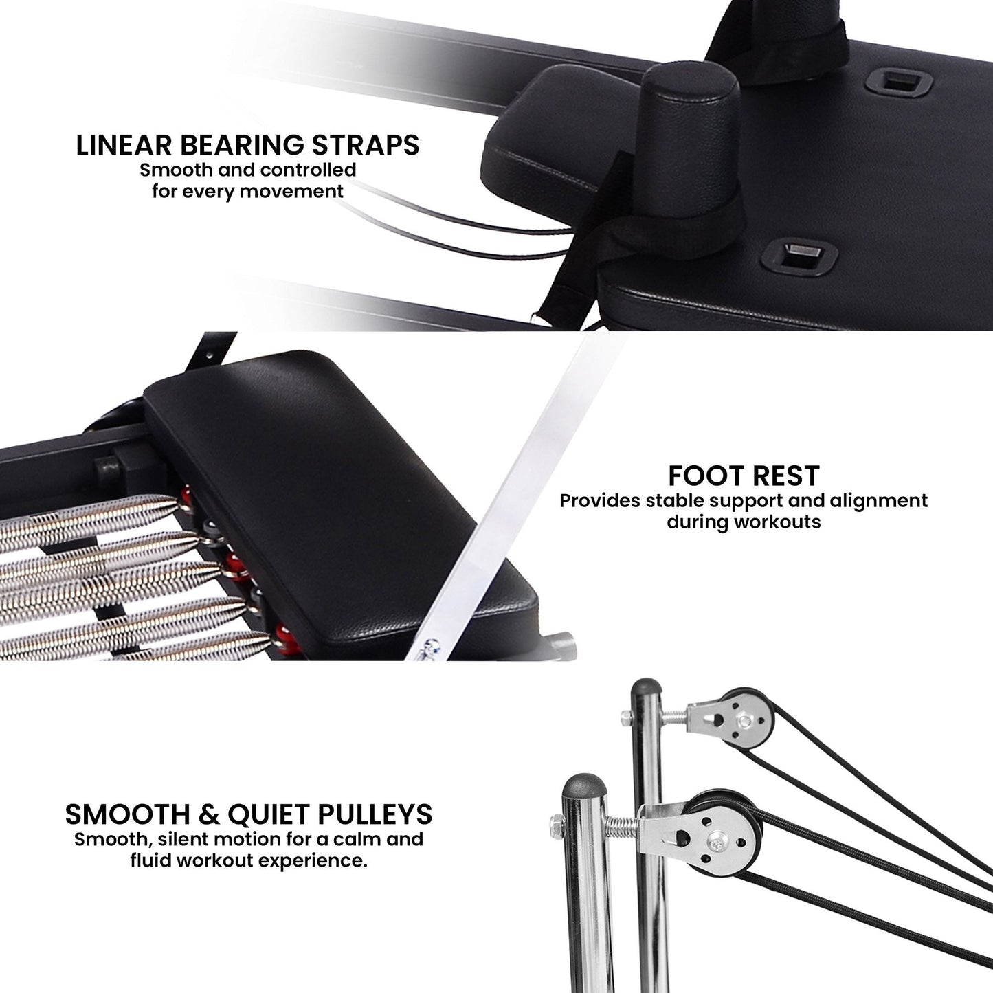 Hlpmedical Powertrain Aria Steel Foldable Pilates Board Reformer with platform extender, footbar, and sitting box for full body fitness.