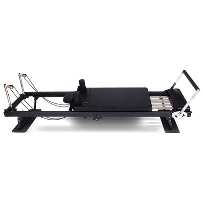 Hlpmedical Powertrain Aria Steel Foldable Pilates Board Reformer with footbar, jumpboard, and sitting box for full-body indoor fitness.