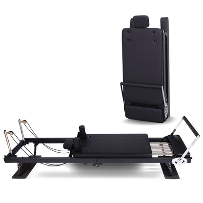 Hlpmedical Powertrain Aria Steel Foldable Pilates Board Reformer with jumpboard, footbar, and sitting box for full body fitness.