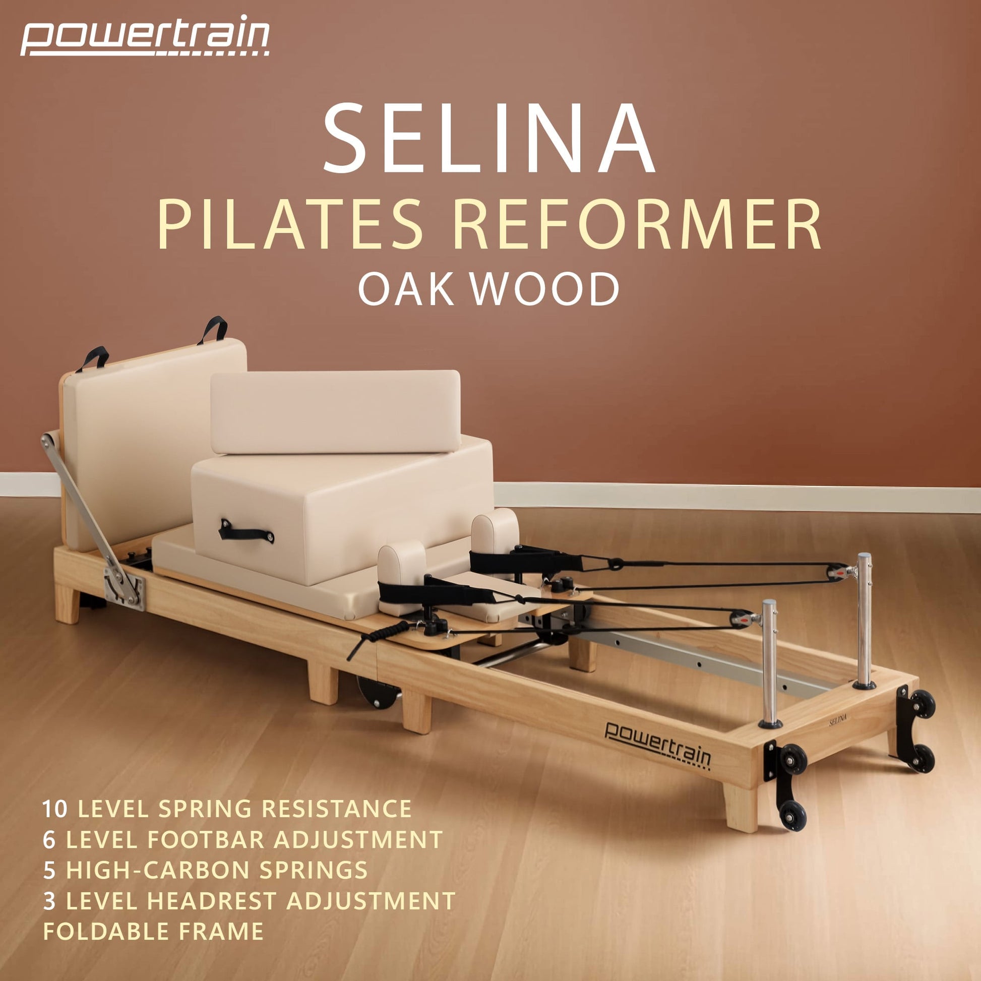 Wooden Selina Pilates Reformer machine by Hlpmedical with jumpboard, sitting box, and foldable design in oak beige for home gym use