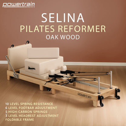 Wooden Selina Pilates Reformer machine by Hlpmedical with jumpboard, sitting box, and foldable design in oak beige for home gym use