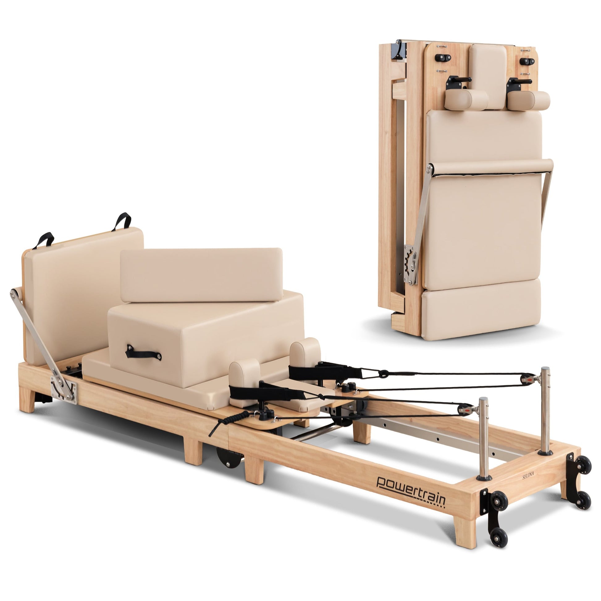 Hlpmedical Powertrain Selina Pilates Reformer Machine in oak beige with wooden frame, jumpboard, and sitting box for home fitness.