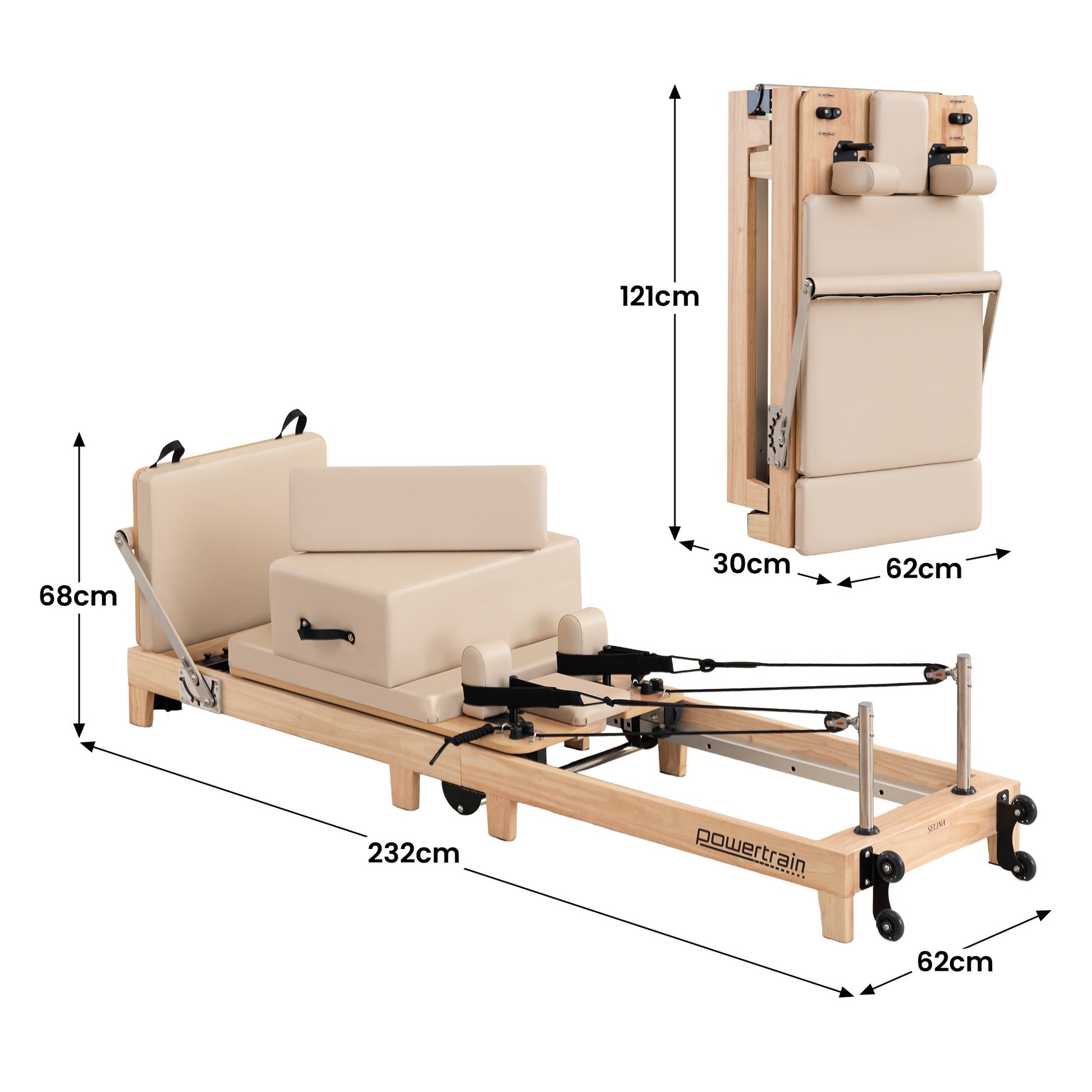 Hlpmedical Powertrain Selina Pilates Reformer machine with wooden frame, jumpboard, and sitting box in oak beige for home gym workouts.