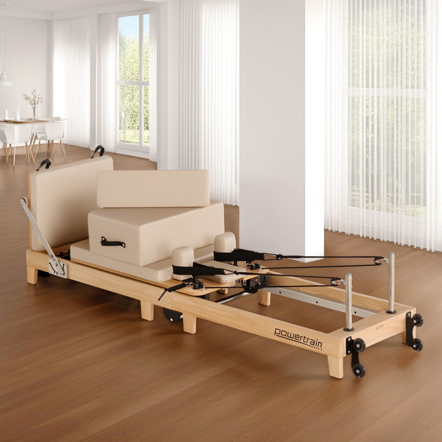 Powertrain Selina Pilates Reformer Machine in oak beige with wooden frame, jumpboard, and sitting box for home gym workouts.