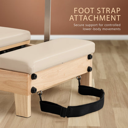 Hlpmedical Powertrain Selina Pilates Reformer Machine in oak beige with wooden frame, jumpboard, and sitting box, ideal for home Pilates workouts.