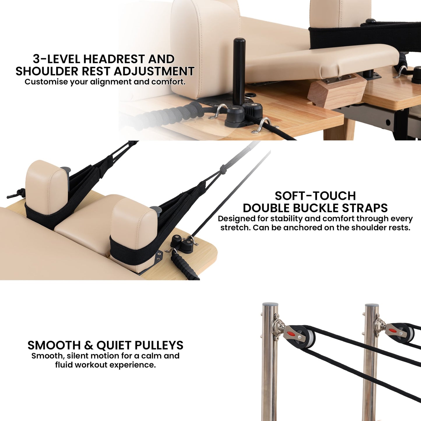 Hlpmedical Powertrain Selina Pilates Reformer machine with wooden frame, jumpboard, and sitting box in oak beige for home gym exercise