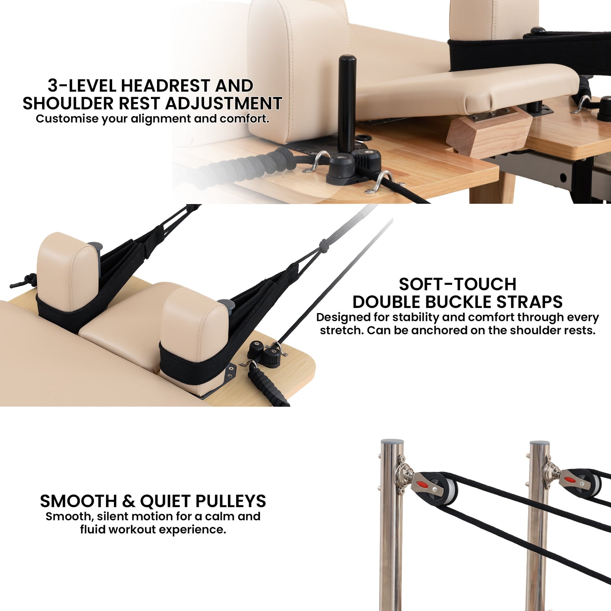 Hlpmedical Powertrain Selina Pilates Reformer machine with wooden frame, jumpboard, and sitting box in oak beige for home gym exercise
