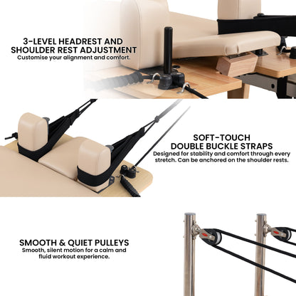 Hlpmedical Powertrain Selina Pilates Reformer machine with wooden frame, jumpboard, and sitting box in oak beige for home gym exercise