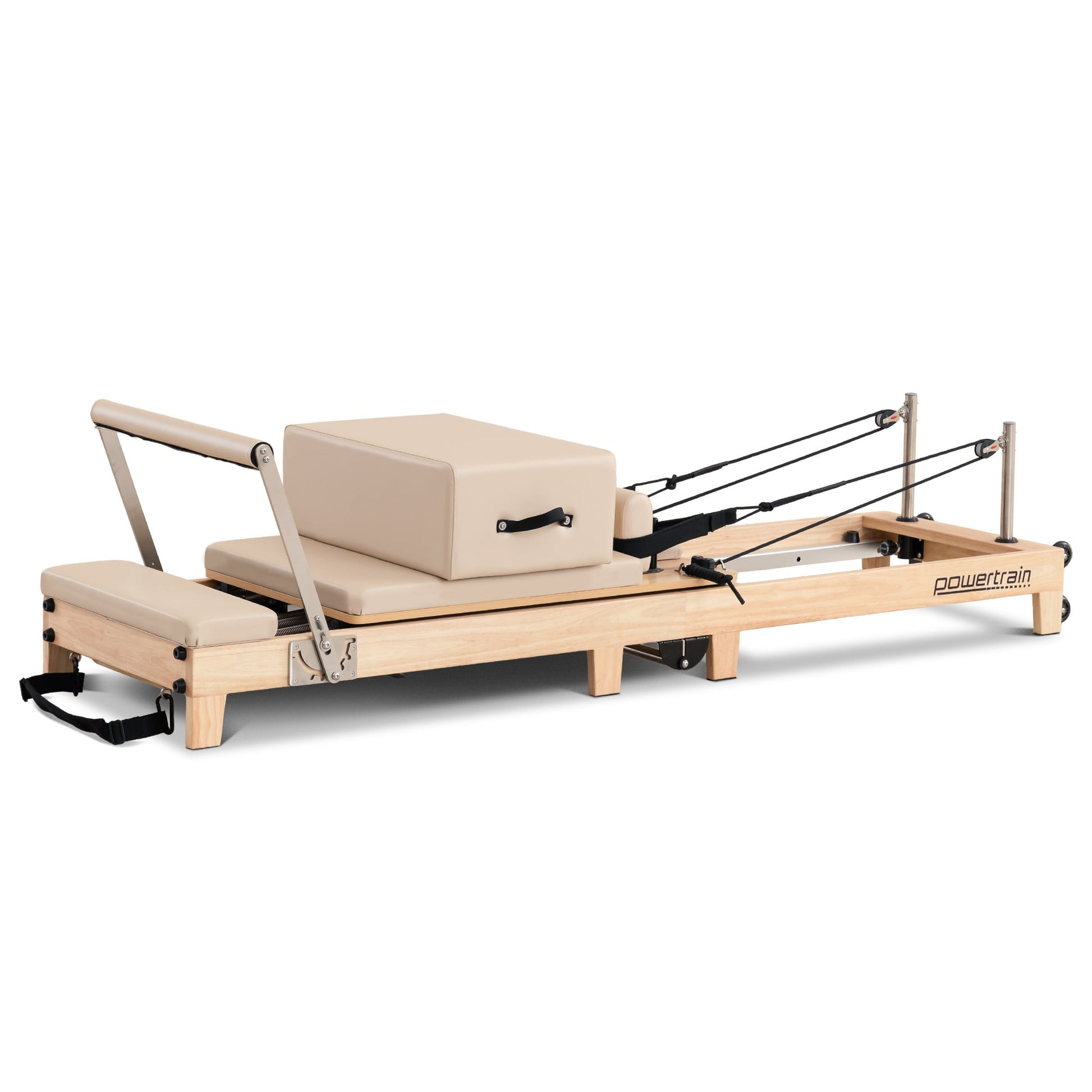 Powertrain Selina Pilates Reformer Machine by Hlpmedical with wooden frame, jumpboard, and sitting box for home gym workouts.