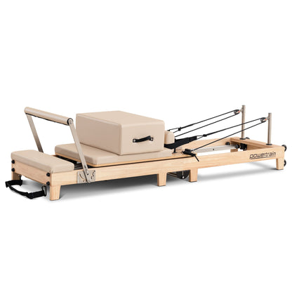 Powertrain Selina Pilates Reformer Machine by Hlpmedical with wooden frame, jumpboard, and sitting box for home gym workouts.