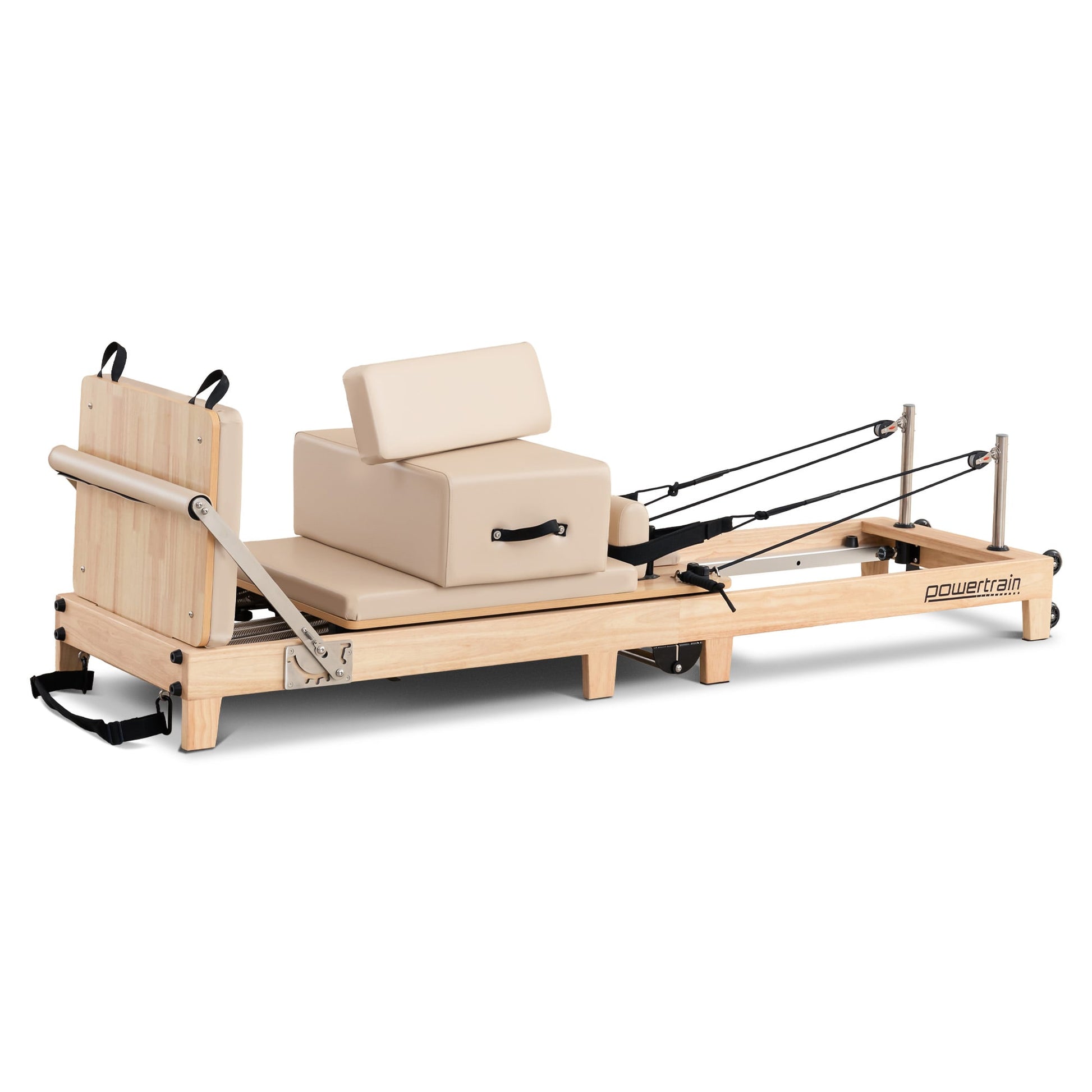 Hlpmedical Powertrain Selina Pilates Reformer Machine with wood frame, jumpboard, sitting box, in oak beige for home gym workouts.