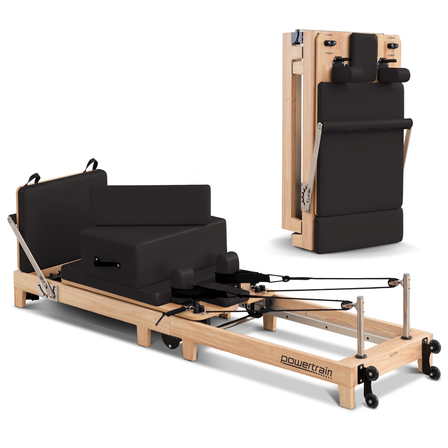 Hlpmedical Powertrain Selina Pilates Reformer Machine with wooden frame, jumpboard, sitting box, black finish for home gym use